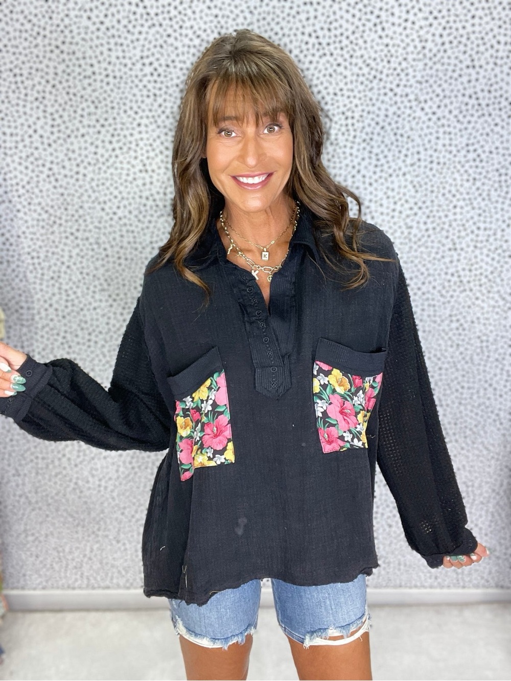 POL Black Pullover Top with Floral Patch Pockets